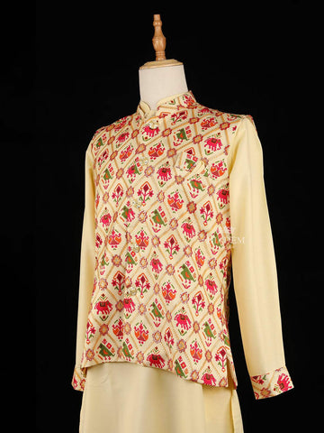 Pale Yellow Indo-Western Sherwani Suit with Birds and Elephant designs, with Pant - Diadem