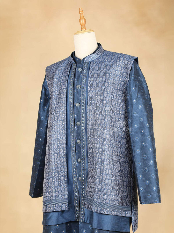 Blue Embroidery Indo-Western Sherwani Suit, with Pant - Diadem