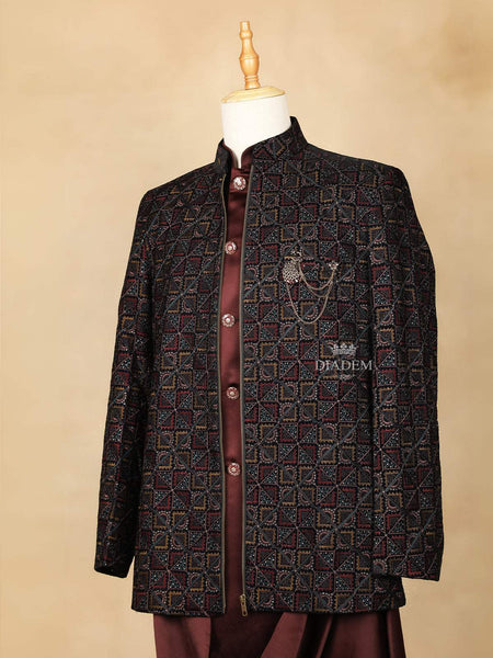 Dark Red Embroidery Indo-Western Sherwani Suit, with Pant and Brooch - Diadem