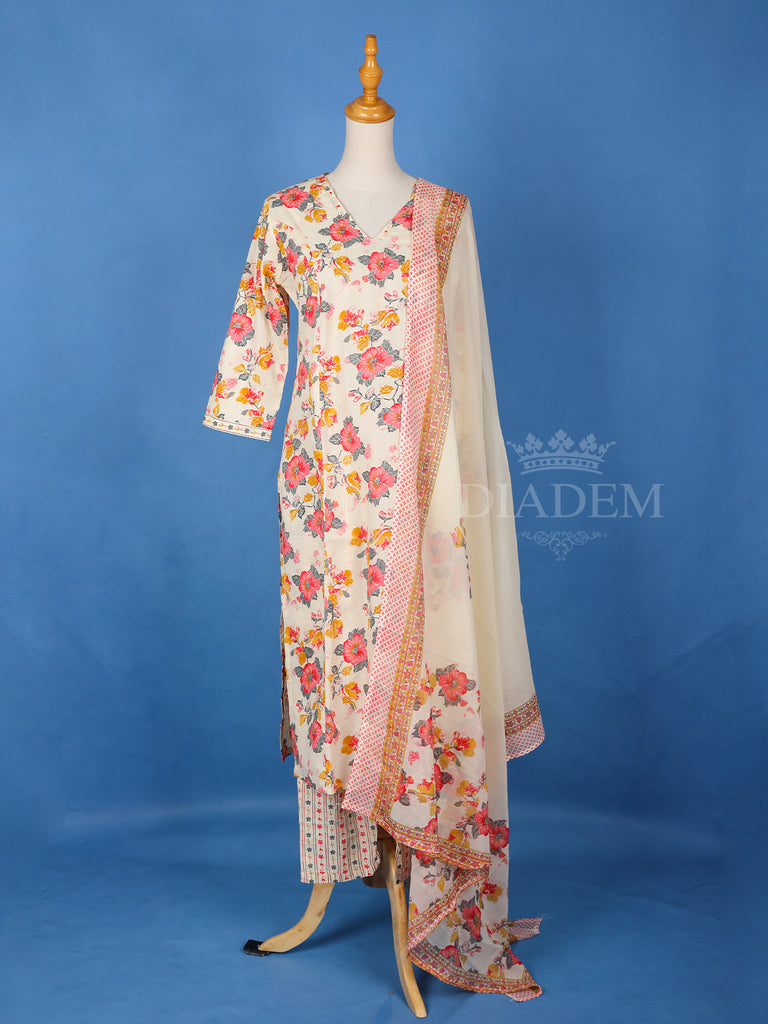 Ivory Cotton Salwar Suit with Floral Prints