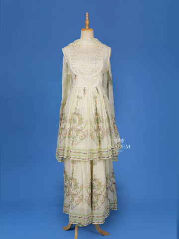 Ivory Cotton Sharara Salwar Suit Adorned with Printed Floral Design and Lace work, Paired with Dupatta - Diadem