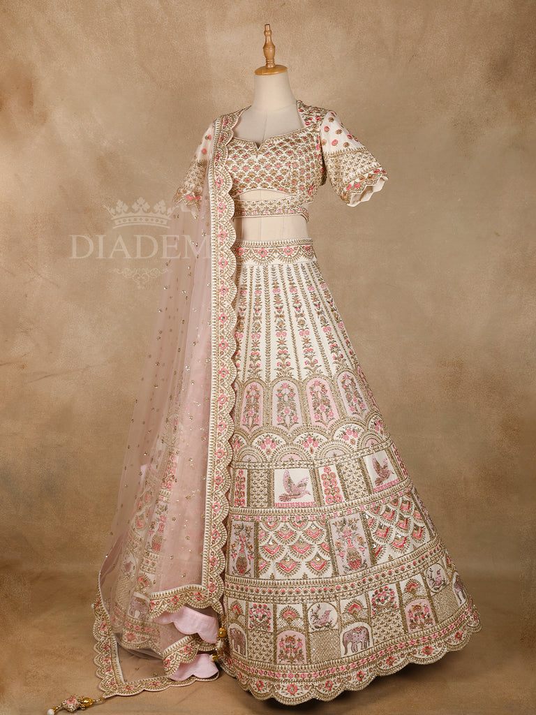 Ivory Floral Design Lehenga in Raw Silk