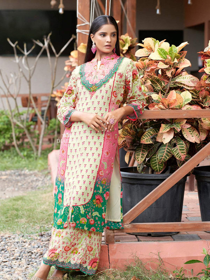 Ivory Floral Embroidered Crepe Palazzo Salwar Suit - Diadem