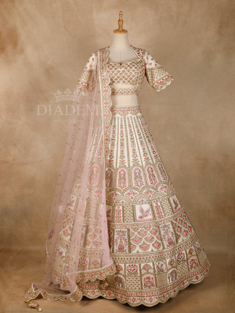 Ivory Raw Silk Lehenga with Floral Designs