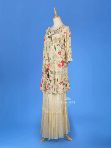 Ivory Sharara Salwar Suit for Women Adorned with Floral Printed Designs, with 3/4 Sleeve and U-Neck - Diadem