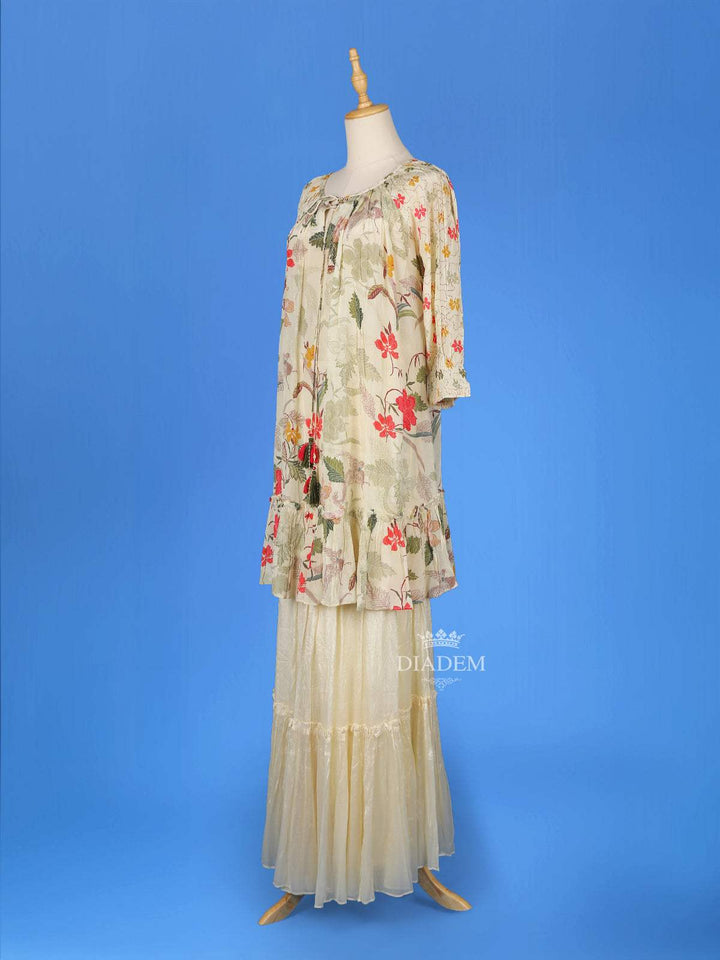 Ivory Sharara Salwar Suit for Women Adorned with Floral Printed Designs, with 3/4 Sleeve and U-Neck - Diadem