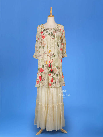 Ivory Sharara Salwar Suit for Women Adorned with Floral Printed Designs, with 3/4 Sleeve and U-Neck - Diadem