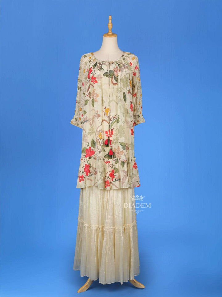 Ivory Sharara Salwar Suit for Women Adorned with Floral Printed Designs, with 3/4 Sleeve and U-Neck - Diadem