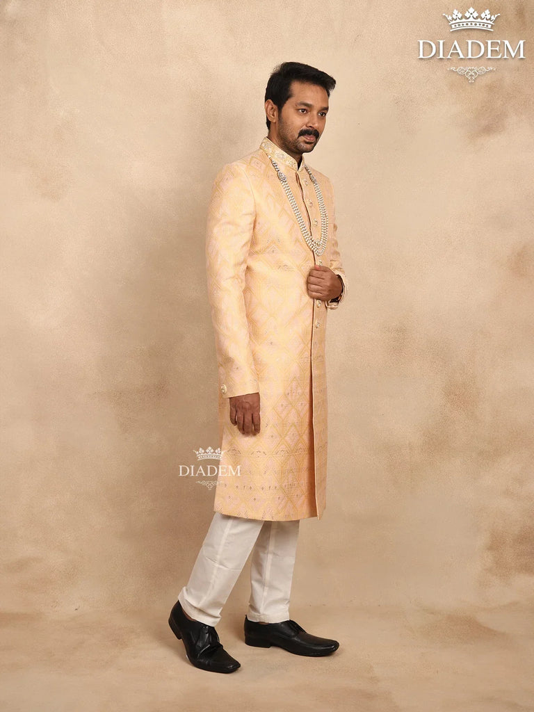 Embossed Sandal Jacquard Sherwani Paired