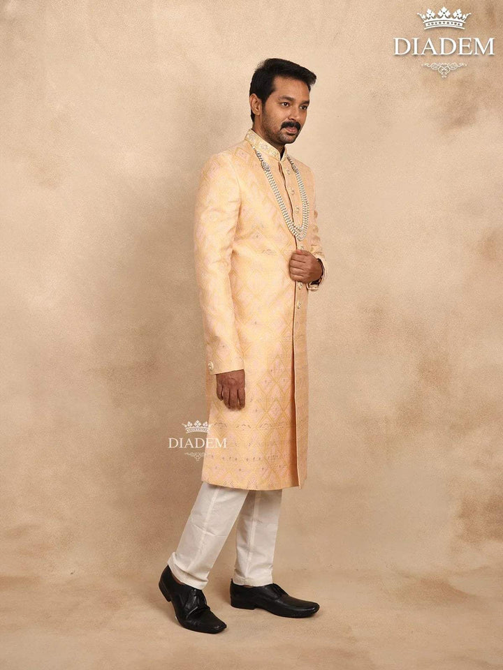 Sandal Jacquard Sherwani Suit Adorned with Embossed Details, Paired with Bead Mala - Diadem