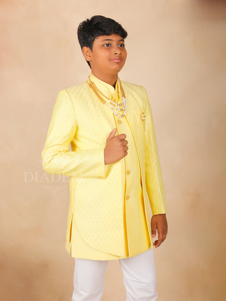 Jacquard Yellow Sherwani and Pant Set