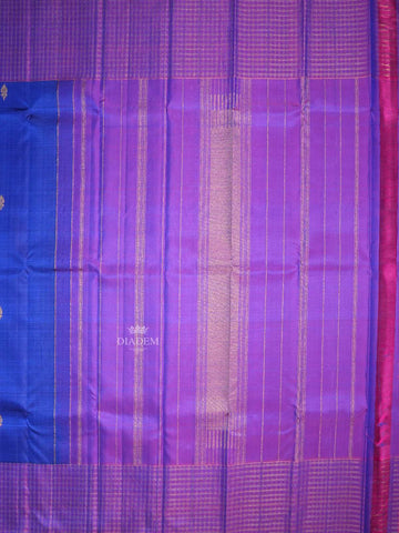 Dark Blue Pure Kanchi Pattu Saree With Floral Designs On the Body with Contrast Zari Border - Diadem