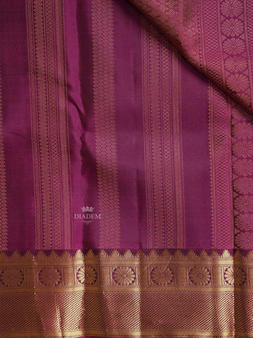 Dark Pink Pure Kanchipuram Silk Saree With Stripes Pattern On the Body with Matching Border - Diadem