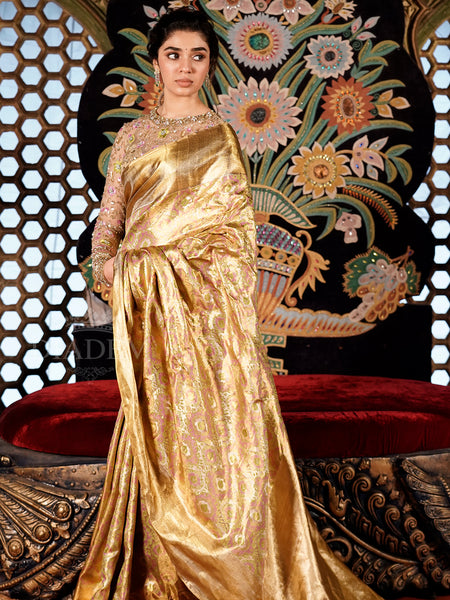 Golden Pure Kanchipuram Tissue Silk Saree - Diadem