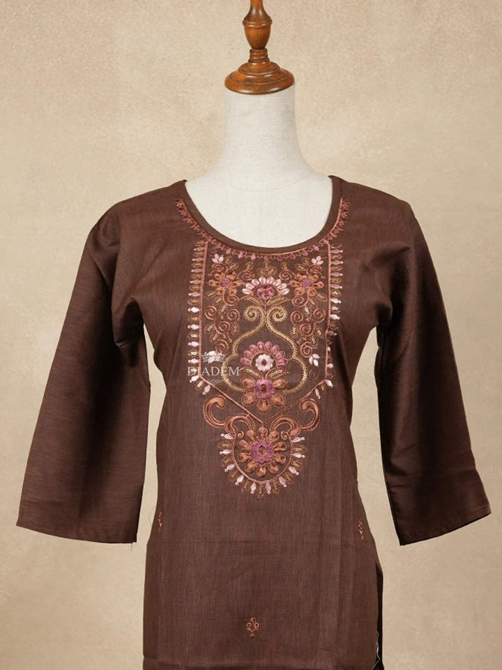 Brown Cotton Kurtis Embellished with Sequins and Embroidery Floral Designs without Dupatta - Diadem