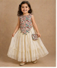 Cream Floral Embroidered Georgette Kids Palazzo Set With Sleeveless Top And Matching Purse