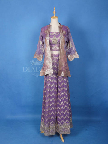 Lavender Chevron Designed Banarasi Palazzo Salwar Suit for Girls - Diadem