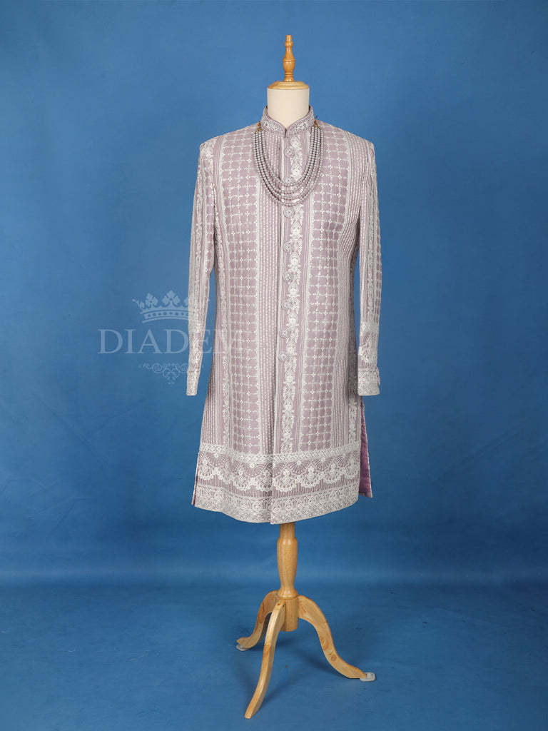 Lavender Cotton Floral Designed Sherwani Suit