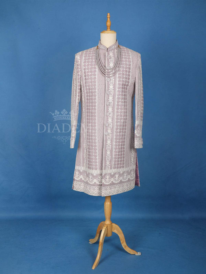 Lavender Cotton Floral Designed Sherwani Suit - Diadem