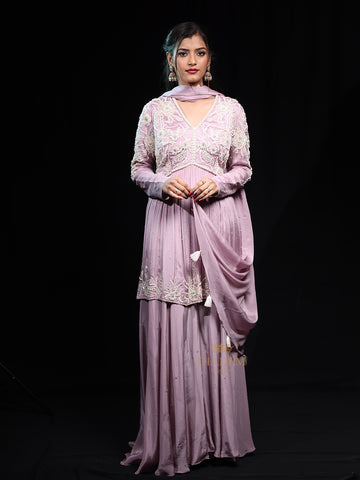 Lavender Floral Designed Crepe Palazzo Salwar