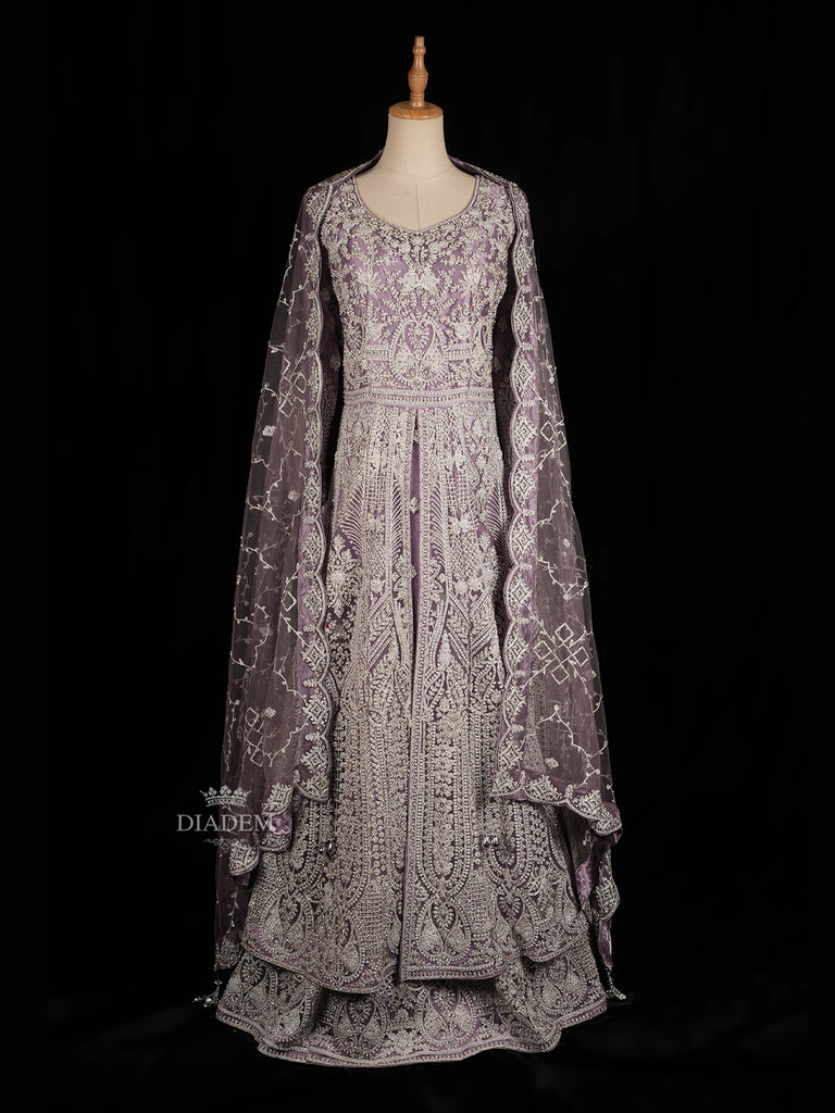 Lavender Floral Embroidery Designed Net Gown