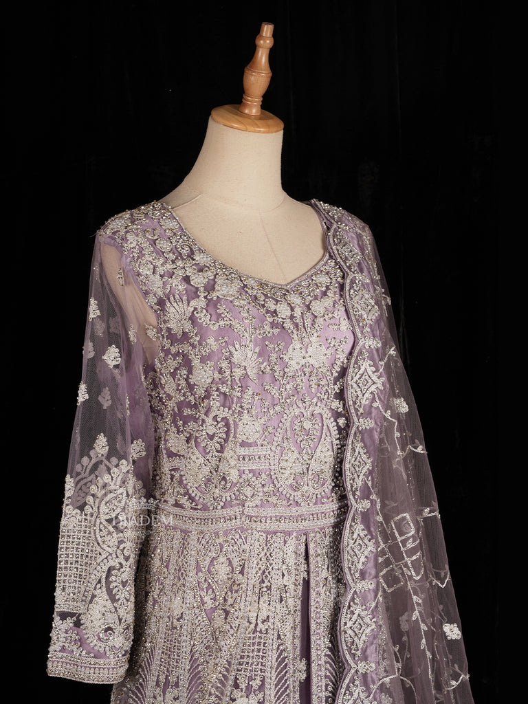 Embroidered Net Gown in Lavender with Net Dupatta