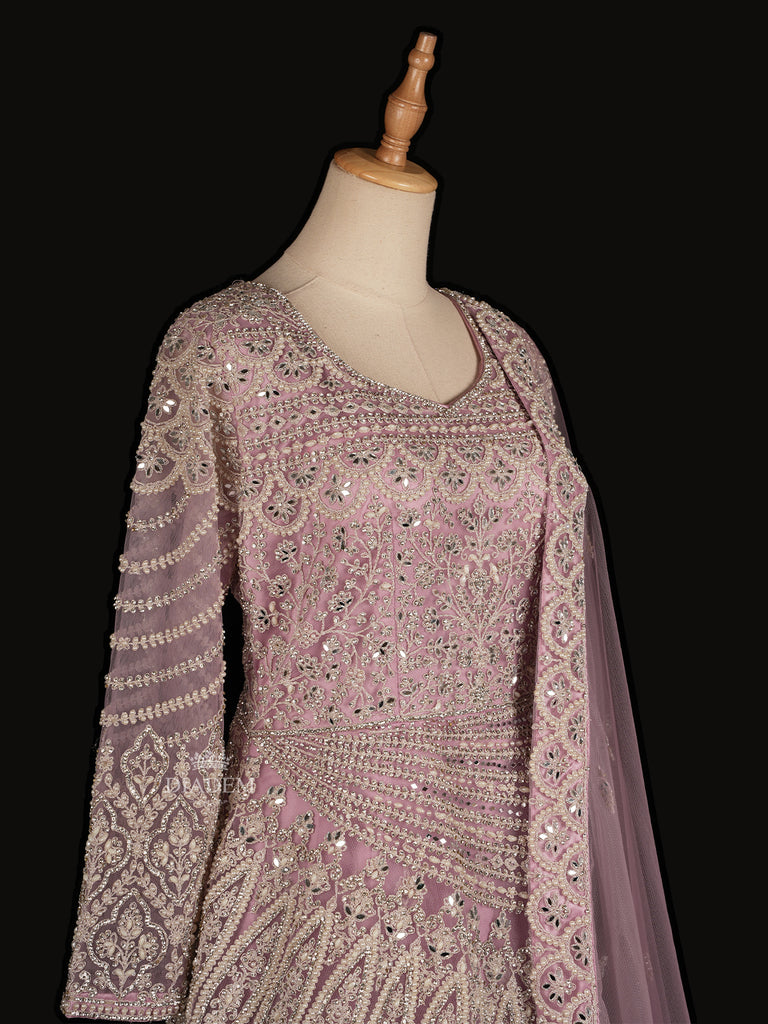 Layered Net Gown in Lavender with Net Dupatta