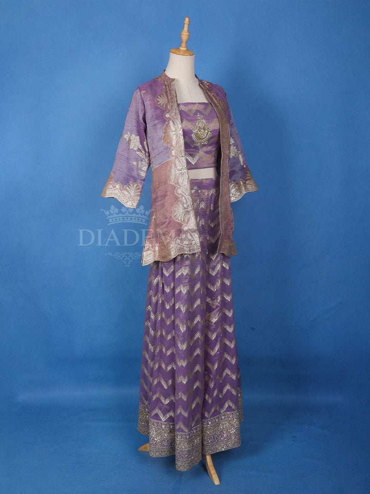 Lavender Chevron Designed Banarasi Palazzo Salwar Suit for Girls - Diadem