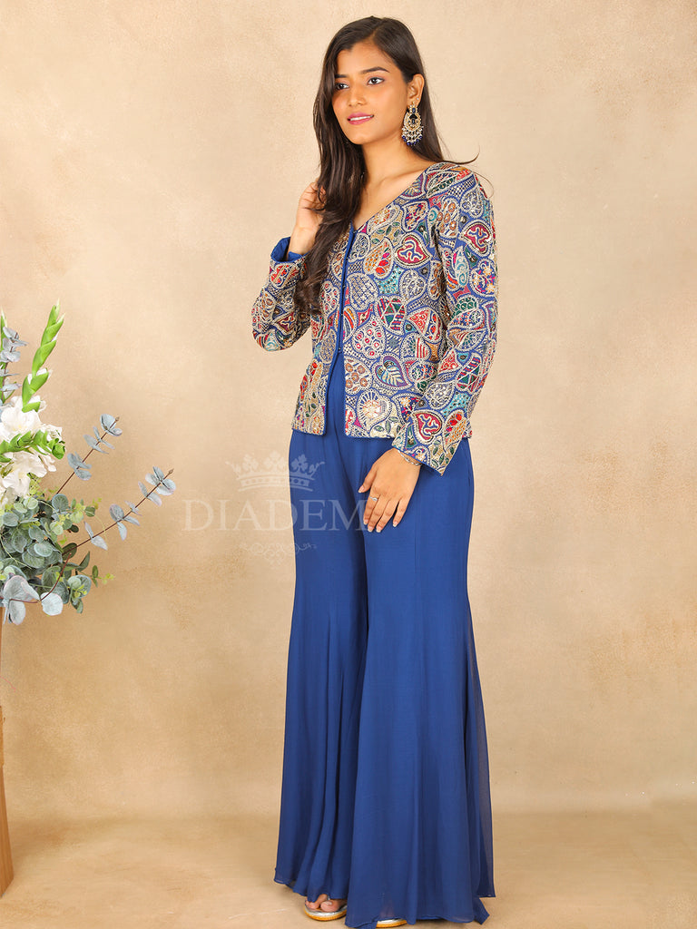 Blue Leaf Embroidered Palazzo Suit