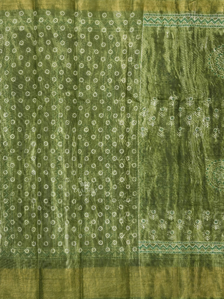 Leaf Motifs Green Linen Cotton Saree