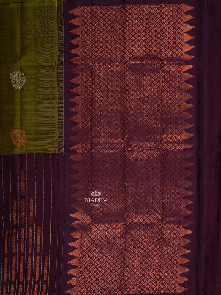 Multicolor Pure Kanchipuram Silk Saree with Leaf and Stripes Pattern on the Body and without Border - Diadem