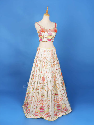 White Lehenga Adorned with Beads Embroidery Designs, with Net Dupatta - Diadem