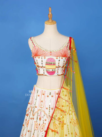 White Lehenga Adorned with Beads Embroidery Designs, with Net Dupatta - Diadem