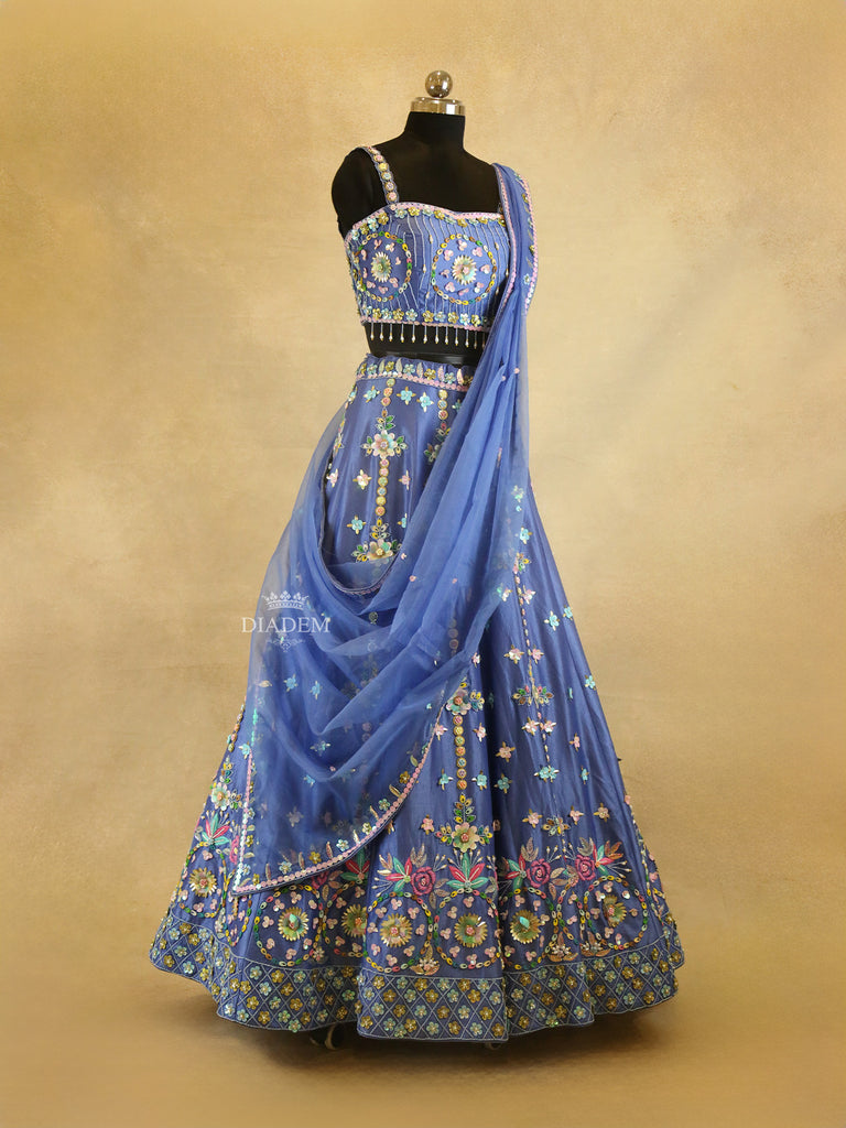 Lehenga Blue Raw Silk Adorned with 3D Flower