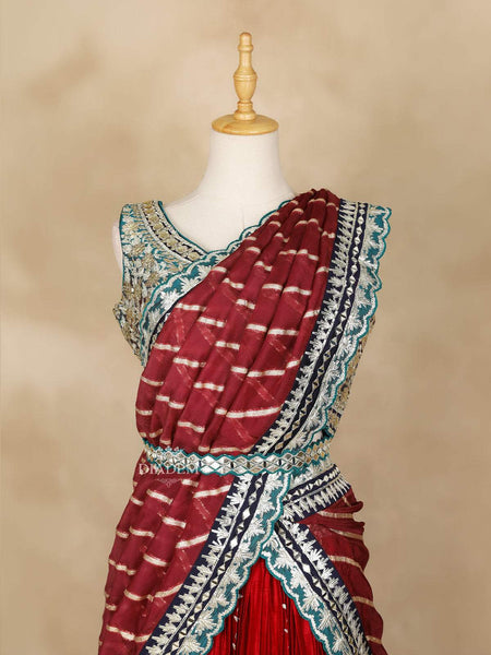 Red Lehenga Adorned with Embroidery and Stripes Designs, with Dupatta - Diadem