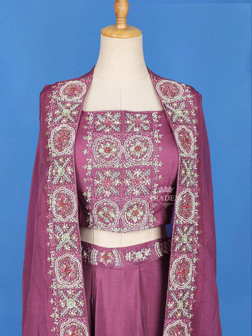 Lavender Lehenga Embellished with Floral Embroidery Designs Paired with Overcoat - Diadem