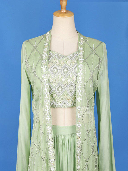 Mint Green Lehenga Embellished with Floral Embroidery Designs Paired with Overcoat - Diadem