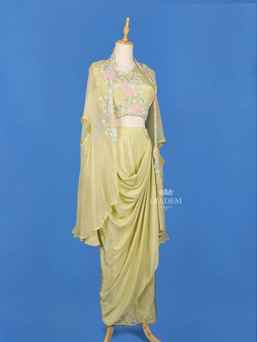 Mint Green Lehenga Embellished with Floral Embroidery Designs Paired with Overcoat - Diadem