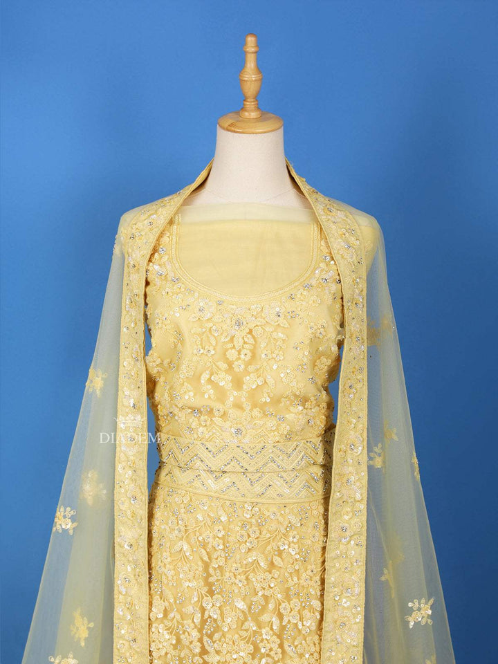 Yellow Semi Stitched Lehenga Adorned with Floral Sequins Embroidery Designs, with Net Dupatta - Diadem