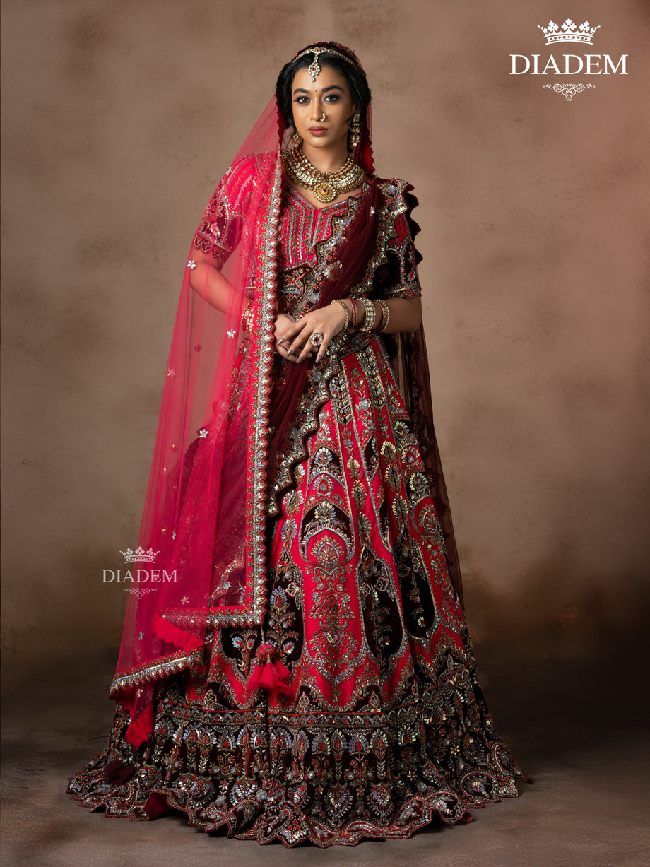 Red Net Lehenga Adorned with Floral Embroidery Designs with Double Dup