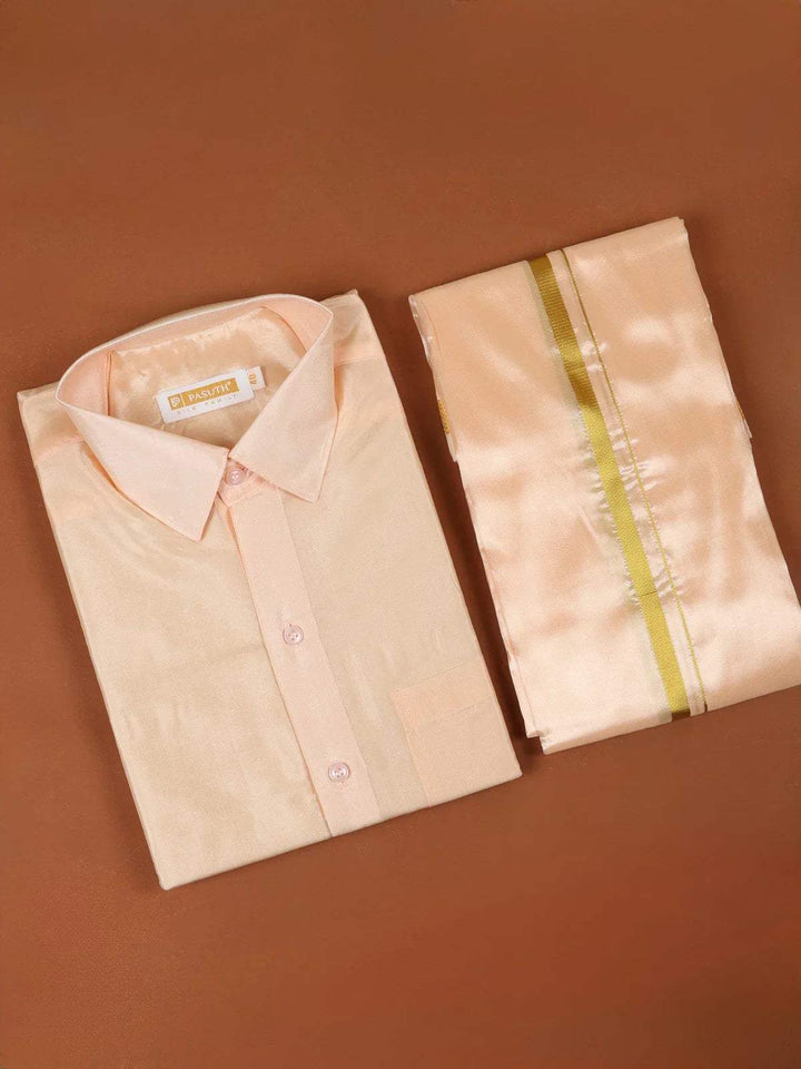 Light Peach Plain Semi Silk Full-Sleeve Shirt with Matching Dhoti Set - Diadem