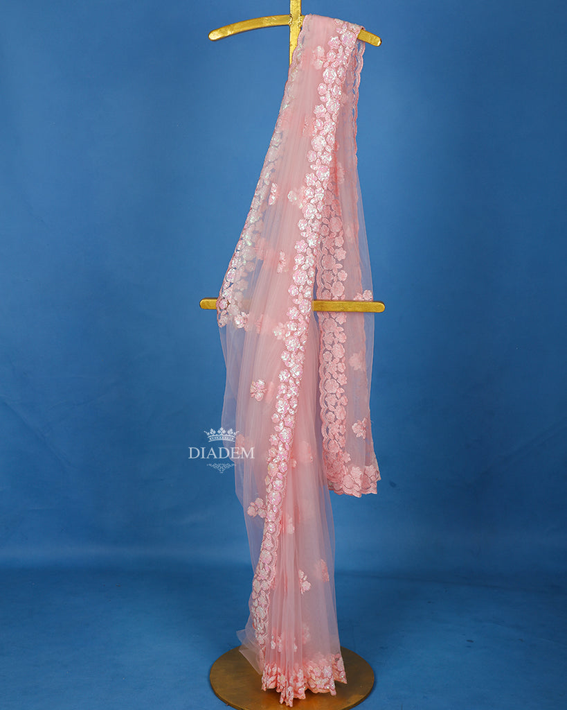 Light Pink Embroidery Designed Net Saree