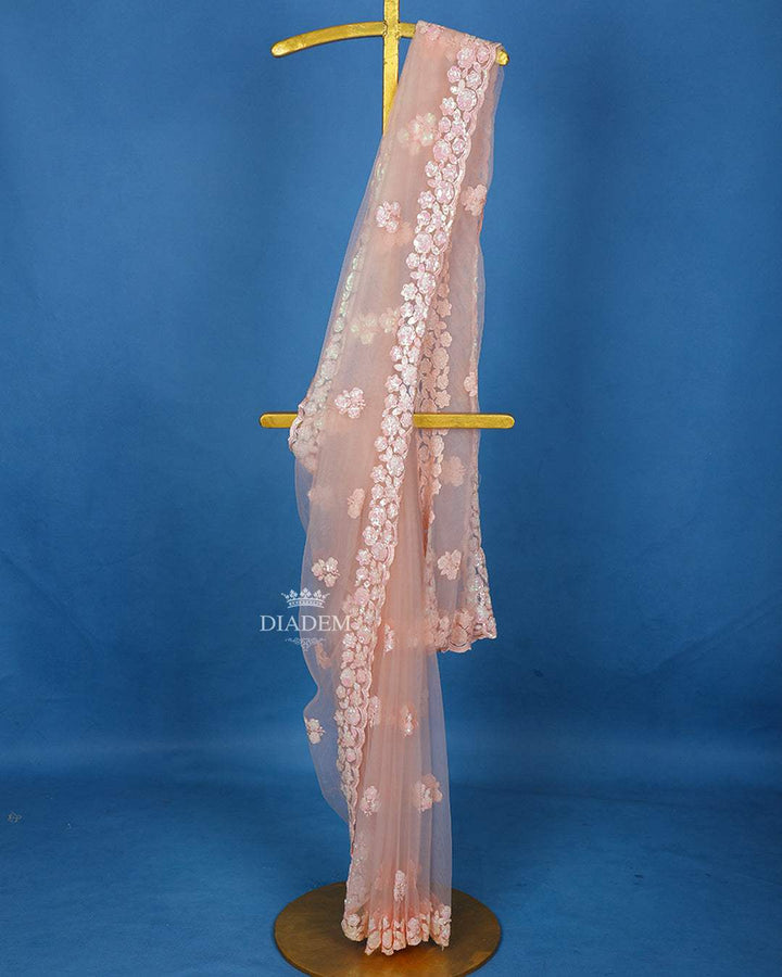 Light Pink Floral Embroidery Designed Net Saree - Diadem