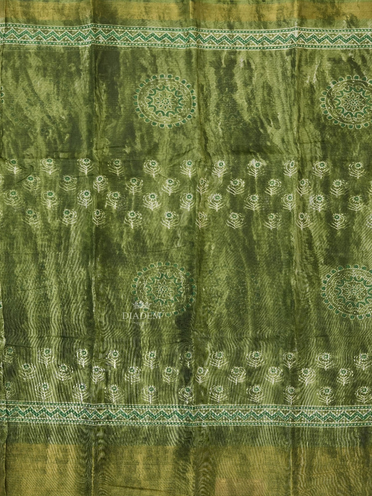 Linen Cotton Saree Green With Leaf