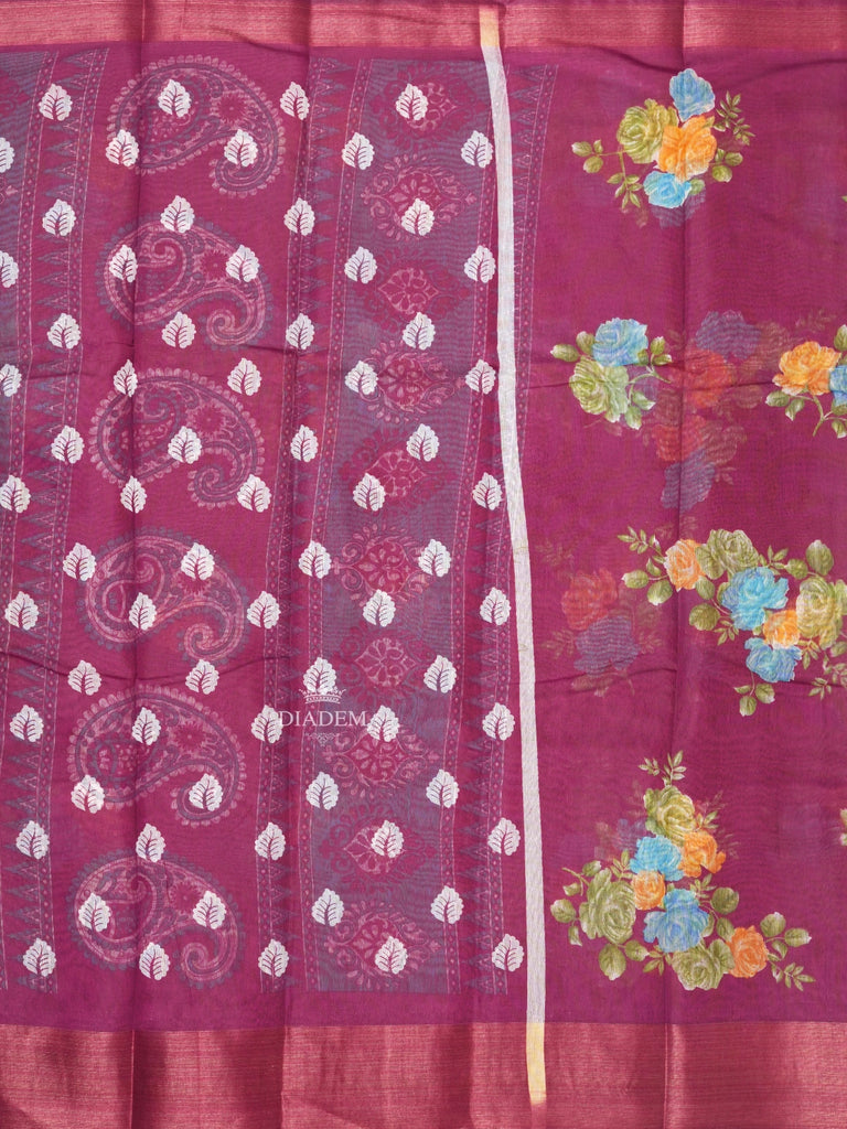 Linen Cotton Saree in Purple With Floral