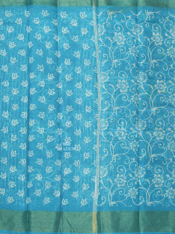 Sky Blue Linen Cotton Saree With Floral Designs On the Body with Matching Border - Diadem