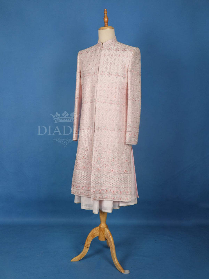 Pale Pink Raw Silk Floral Designed Sherwani Suit - Diadem