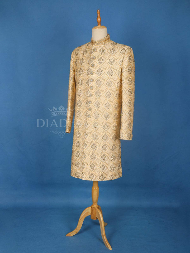 Beige Floral Designed Sherwani Suit - Diadem