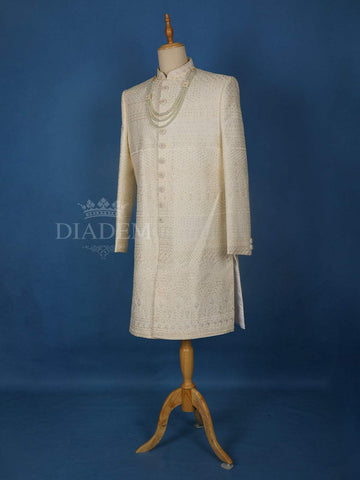 Cream Semi Silk Floral Designed Sherwani Suit - Diadem