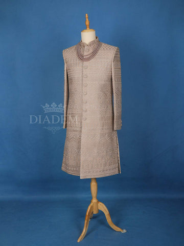 Pale Lilac Semi Silk Floral Designed Sherwani Suit - Diadem